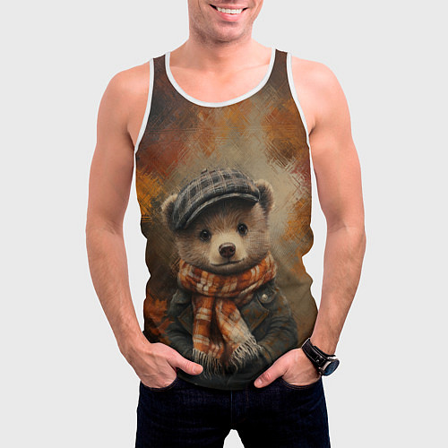 Мужская майка без рукавов Мишка в клетчатой кепке / 3D-Белый – фото 3