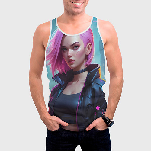 Мужская майка без рукавов Cyberpunk 2077 a girl / 3D-Белый – фото 3