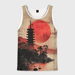 Майка-безрукавка мужская Башня на фоне алого заката - Япония, цвет: 3D-белый