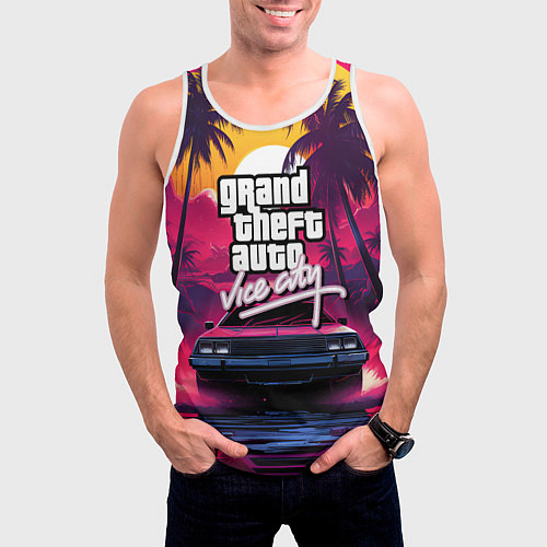 Мужская майка без рукавов Grand Theft Auto VI - автомобиль на закате / 3D-Белый – фото 3