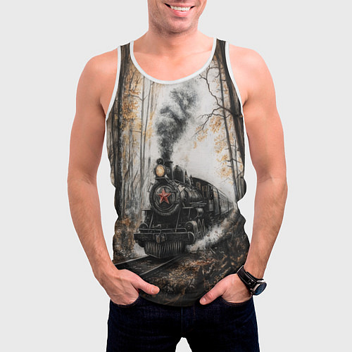 Мужская майка без рукавов Паровоз со звездой в осеннем лесу / 3D-Белый – фото 3