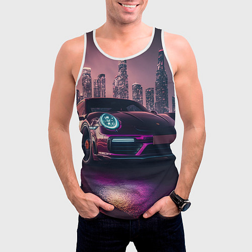 Мужская майка без рукавов Porshe ночной город / 3D-Белый – фото 3