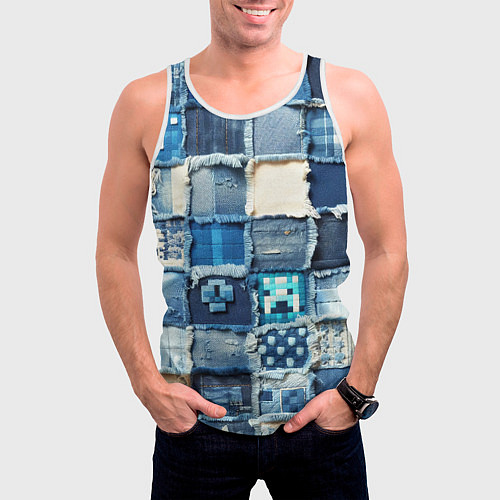 Мужская майка без рукавов Minecraft на пэчворк дениме / 3D-Белый – фото 3