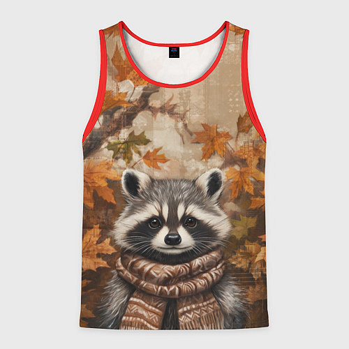Мужская майка без рукавов Осенний енот в шарфе / 3D-Красный – фото 1