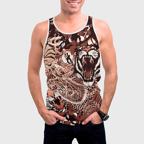Мужская майка без рукавов Тигр дракон и самурай / 3D-Белый – фото 3