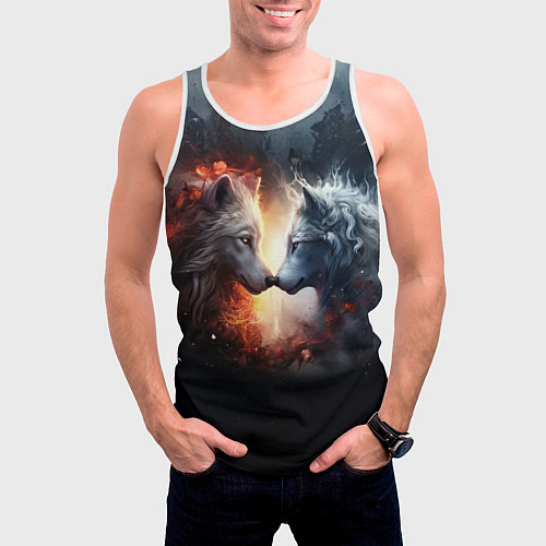 Мужская майка без рукавов Влюбленные волки огонь и лед / 3D-Белый – фото 3