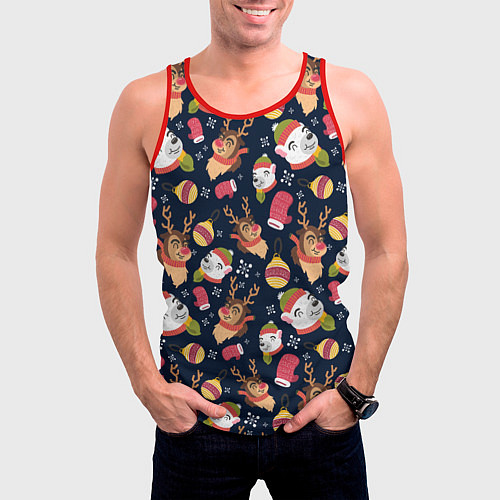 Мужская майка без рукавов Новогодний детский паттерн с животными / 3D-Красный – фото 3