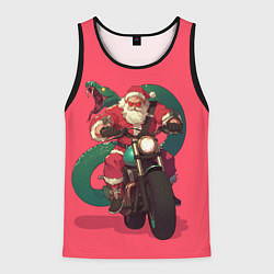 Майка-безрукавка мужская Дед Мороз на мотоцикле с змеёй за спиной, цвет: 3D-черный