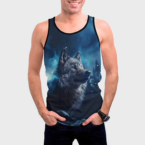 Мужская майка без рукавов Голова волка и небо / 3D-Черный – фото 3
