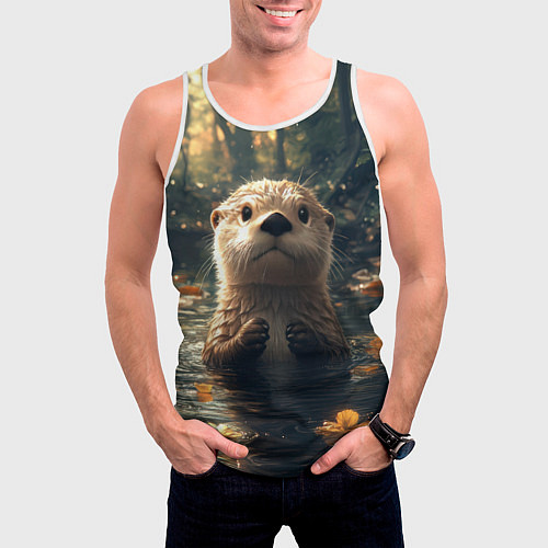 Мужская майка без рукавов Выдра в летнем пруду / 3D-Белый – фото 3