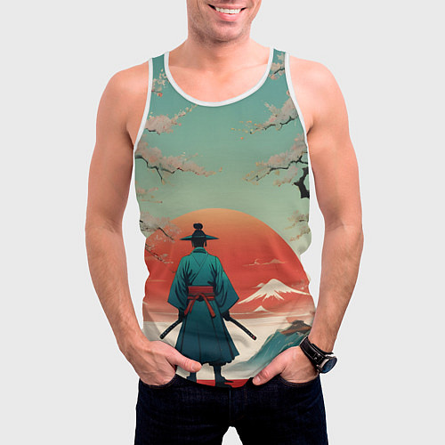 Мужская майка без рукавов Яркий самурай на закате / 3D-Белый – фото 3