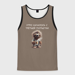 Майка-безрукавка мужская Ленивец с кружкой кофе: утро началось с третьей по, цвет: 3D-черный