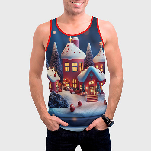 Мужская майка без рукавов Объемный новогодний городок / 3D-Красный – фото 3