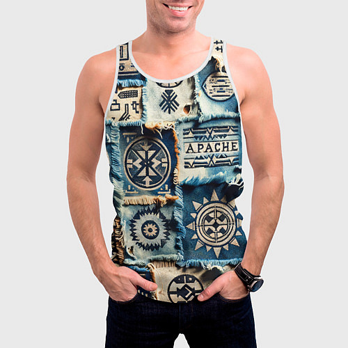 Мужская майка без рукавов Символы Апачи на пэчворк дениме / 3D-Белый – фото 3