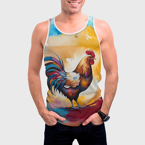 Мужская майка без рукавов Петух на ярком фоне / 3D-Белый – фото 3