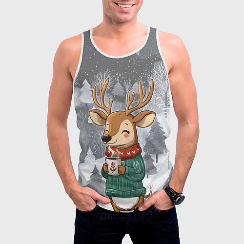 Мужская майка без рукавов Олень с кофе в лесу / 3D-Белый – фото 3