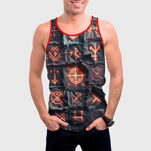 Мужская майка без рукавов Символы викингов на пэчворк джинсах / 3D-Красный – фото 3