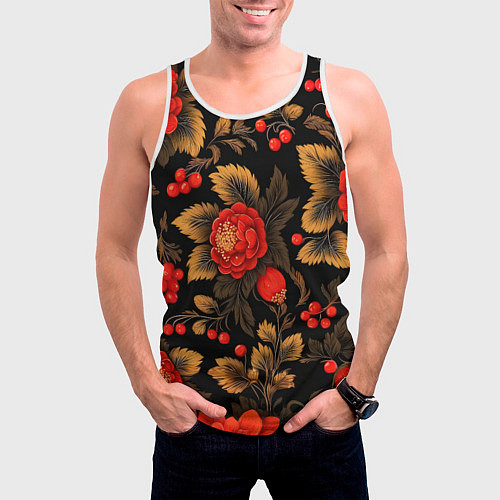 Мужская майка без рукавов Русская хохлома, цветы, паттерн / 3D-Белый – фото 3