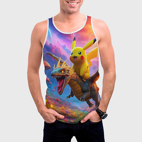 Мужская майка без рукавов Пикачу летит на драконе среди грибов / 3D-Белый – фото 3