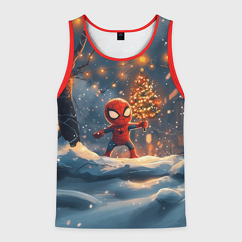 Мужская майка без рукавов Маленький человек-паук держит елку / 3D-Красный – фото 1