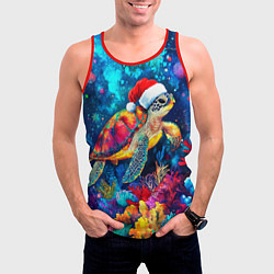 Майка-безрукавка мужская Морская черепаха в шапке Санты, цвет: 3D-красный — фото 2