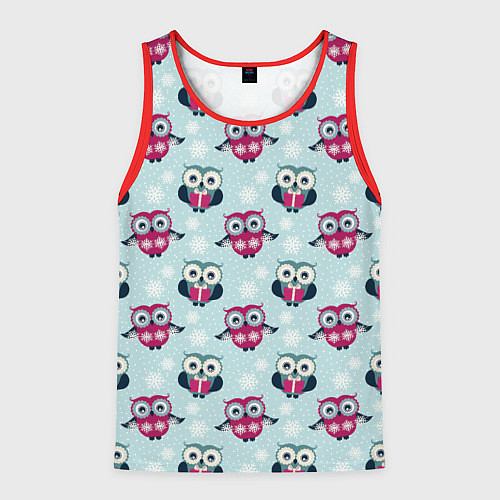 Мужская майка без рукавов Новогодний паттерн с милыми совами и снежинками / 3D-Красный – фото 1