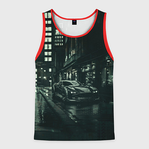 Мужская майка без рукавов Спорткар на тёмной улице / 3D-Красный – фото 1