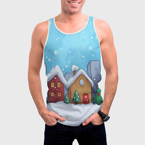 Мужская майка без рукавов Домики новогодние / 3D-Белый – фото 3