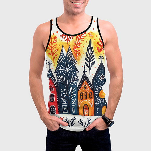 Мужская майка без рукавов Разноцветные новогодние дома / 3D-Черный – фото 3