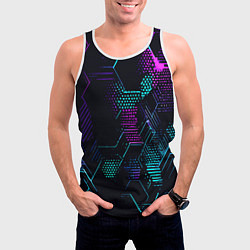 Майка-безрукавка мужская Розово-голубые точки и линии на чёрном фоне, цвет: 3D-белый — фото 2