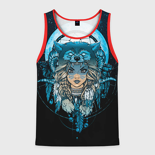 Мужская майка без рукавов Девушка-шаманка в шапке волка / 3D-Красный – фото 1