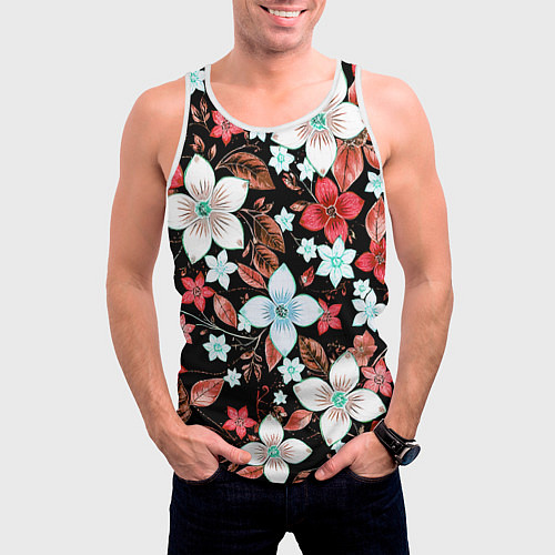 Мужская майка без рукавов Красно-белые цветы на чёрном фоне / 3D-Белый – фото 3