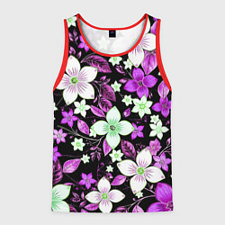 Майка-безрукавка мужская Фиолетово-белые цветы на чёрном фоне, цвет: 3D-красный