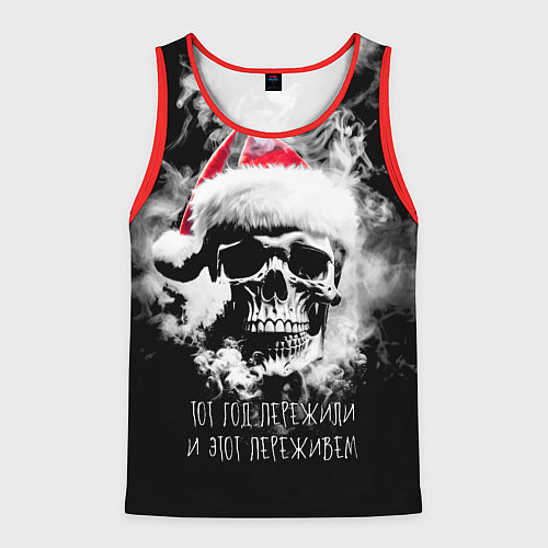 Мужская майка без рукавов Череп в шапке Санты в дыму / 3D-Красный – фото 1