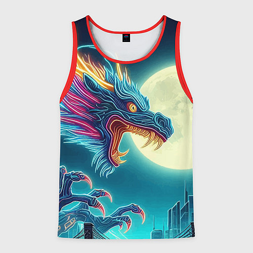 Мужская майка без рукавов Японский свирепый дракон на фоне луны / 3D-Красный – фото 1