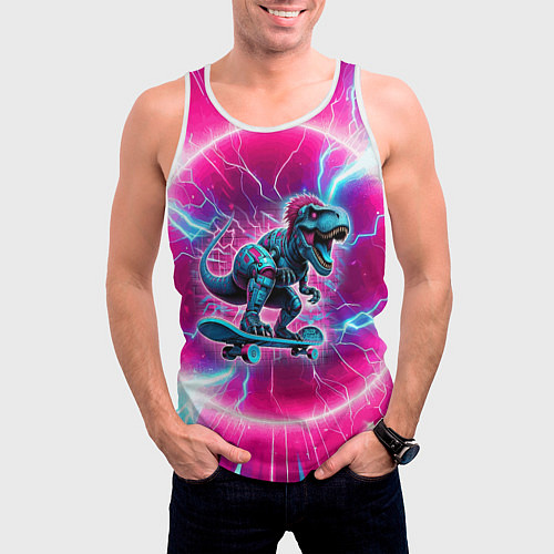 Мужская майка без рукавов Cyber tyrannosaurus is a cool skateboarder / 3D-Белый – фото 3
