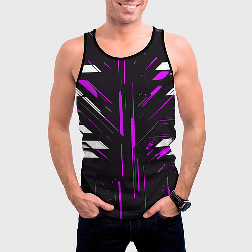 Мужская майка без рукавов Фиолетово-белые полосы и точки на чёрном фоне / 3D-Черный – фото 3