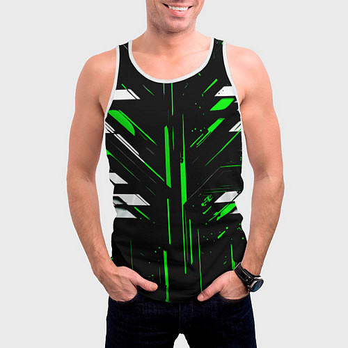 Мужская майка без рукавов Зелёно-белые полосы и точки на чёрном фоне / 3D-Белый – фото 3