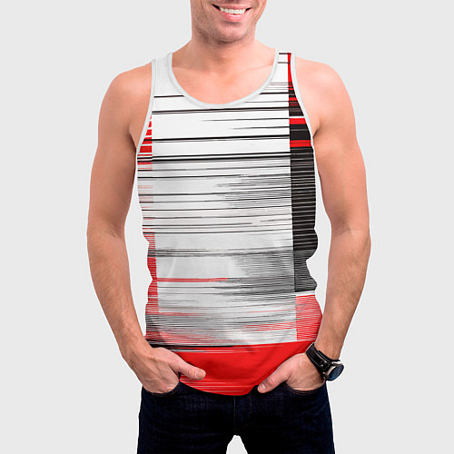 Мужская майка без рукавов Чёрные вертикальные полосы на красно-белом фоне / 3D-Белый – фото 3