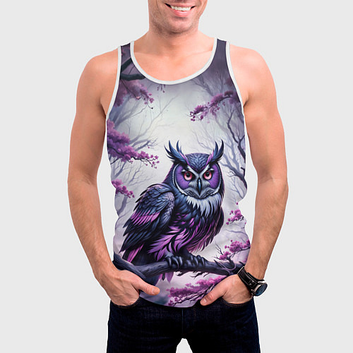 Мужская майка без рукавов Черно фиолетовая сова сидит на ветке / 3D-Белый – фото 3