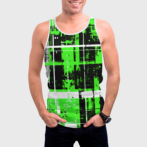 Мужская майка без рукавов Зелёно-белый гранж на чёрном фоне / 3D-Белый – фото 3