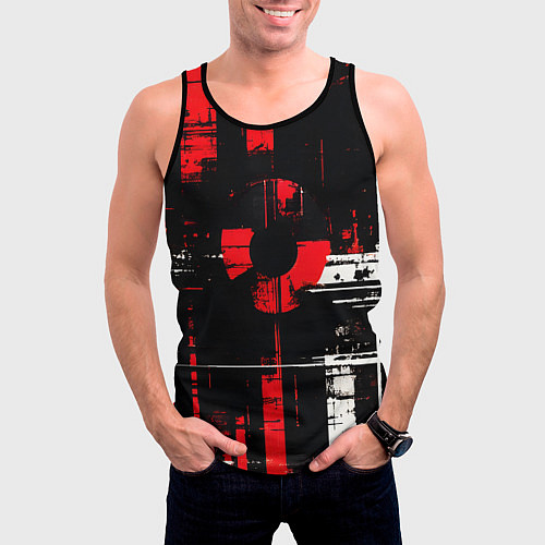 Мужская майка без рукавов Красно-белый гранж на чёрном фоне / 3D-Черный – фото 3