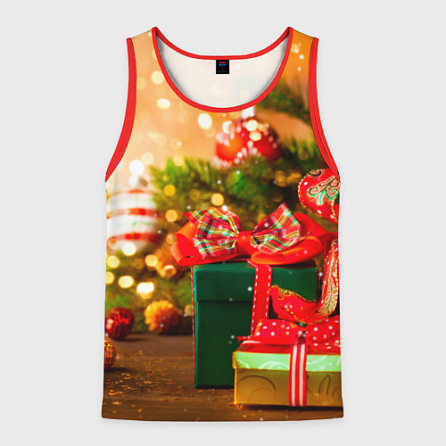 Мужская майка без рукавов Новогодние подарки под ёлку / 3D-Красный – фото 1