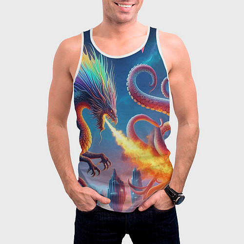 Мужская майка без рукавов Огнедышащий дракон против осьминога - нейроарт фан / 3D-Белый – фото 3