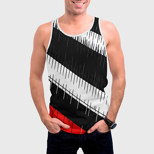 Мужская майка без рукавов Диагональные чёрно-белые полосы на красном фоне / 3D-Белый – фото 3