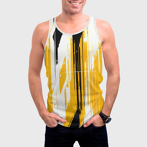 Мужская майка без рукавов Вертикальные чёрно-белые линии на жёлтом фоне / 3D-Белый – фото 3