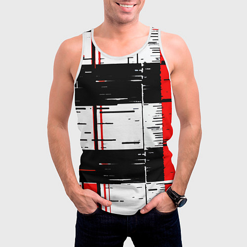 Мужская майка без рукавов Чёрные и красные полосы на белом фоне / 3D-Белый – фото 3