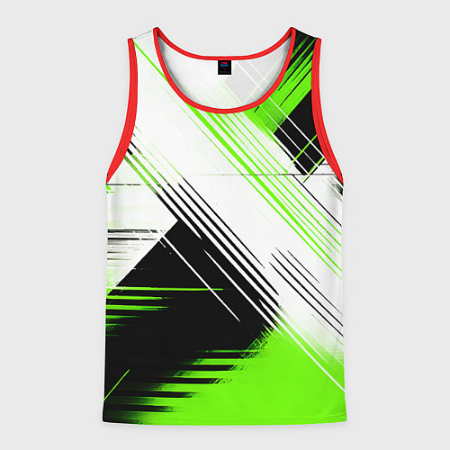 Мужская майка без рукавов Диагональные бело-зелёные линии на чёрном фоне / 3D-Красный – фото 1