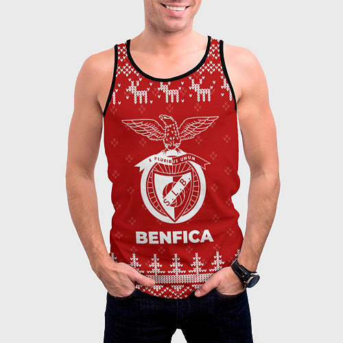 Мужская майка без рукавов Новогодний Benfica с оленями / 3D-Черный – фото 3