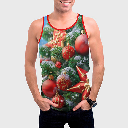 Мужская майка без рукавов Красные шары и звезда новогодняя / 3D-Красный – фото 3